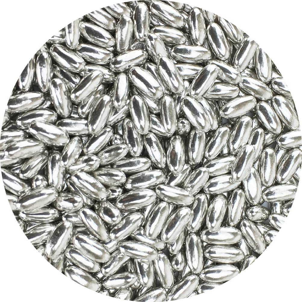 Celebakes Silver Rice Dragees, 3.7 oz. Product #7500-785810RS - Papagino Foods Inc.