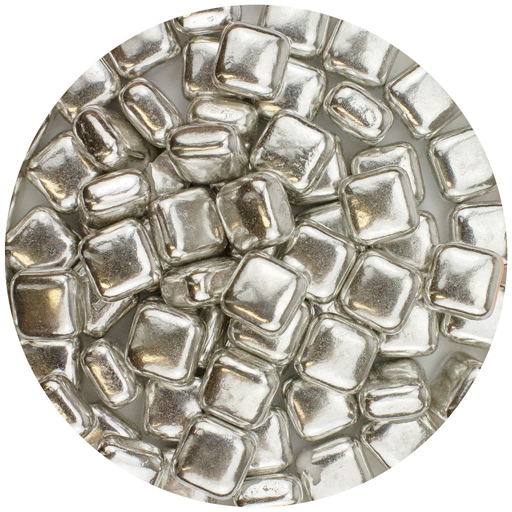 Celebakes Silver Square Dragees, 3.7 oz. Product #7500-785812S - Papagino Foods Inc.