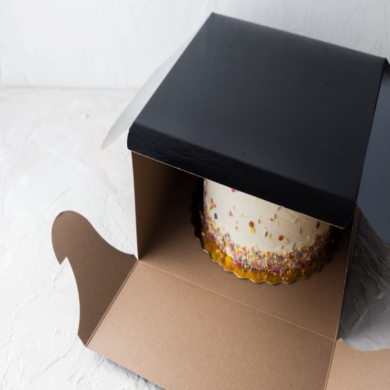 Black Film Laminated Cake Boxes  8" x 8" x 5" - Papagino Foods Inc.