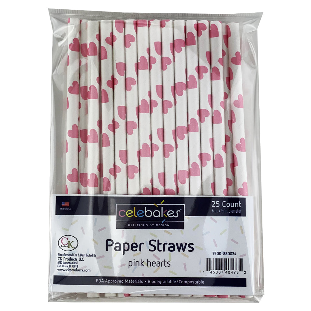 Pink Hearts Paper Straws 6", package of 25 - Papagino Foods Inc.