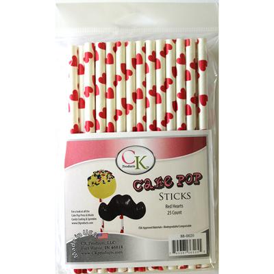 Red Hearts 6" Cake Pop Stick package of 25 - Papagino Foods Inc.