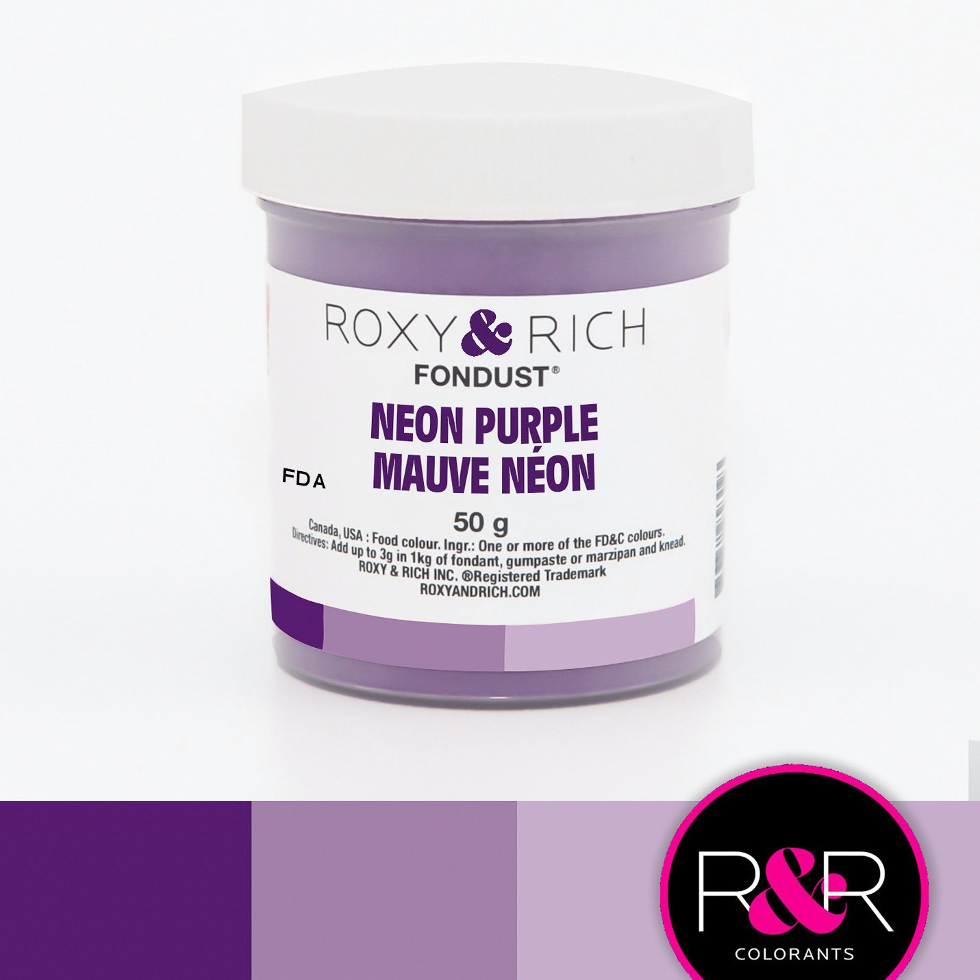 Roxy & Rich Neon Purple Fondust (# F15-021) 12 G - Papagino Foods Inc.