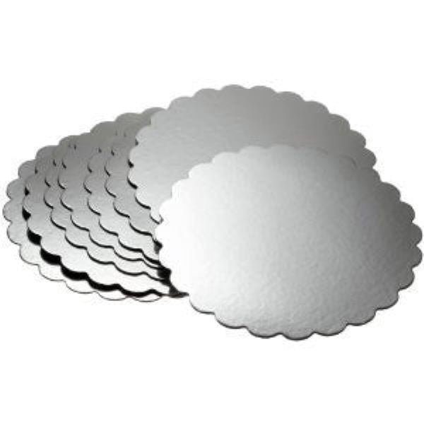 Enjay 8" Round Scalloped Silver Cake Cards 0.70" / 150 pieces - Papagino Foods Inc.