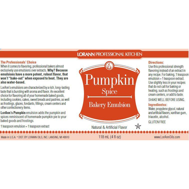 LorAnn Oils Pumpkin Spice, Bakery Emulsion - 4 OZ #0789-0806B *BBD Sep 2024* - Papagino Foods Inc.
