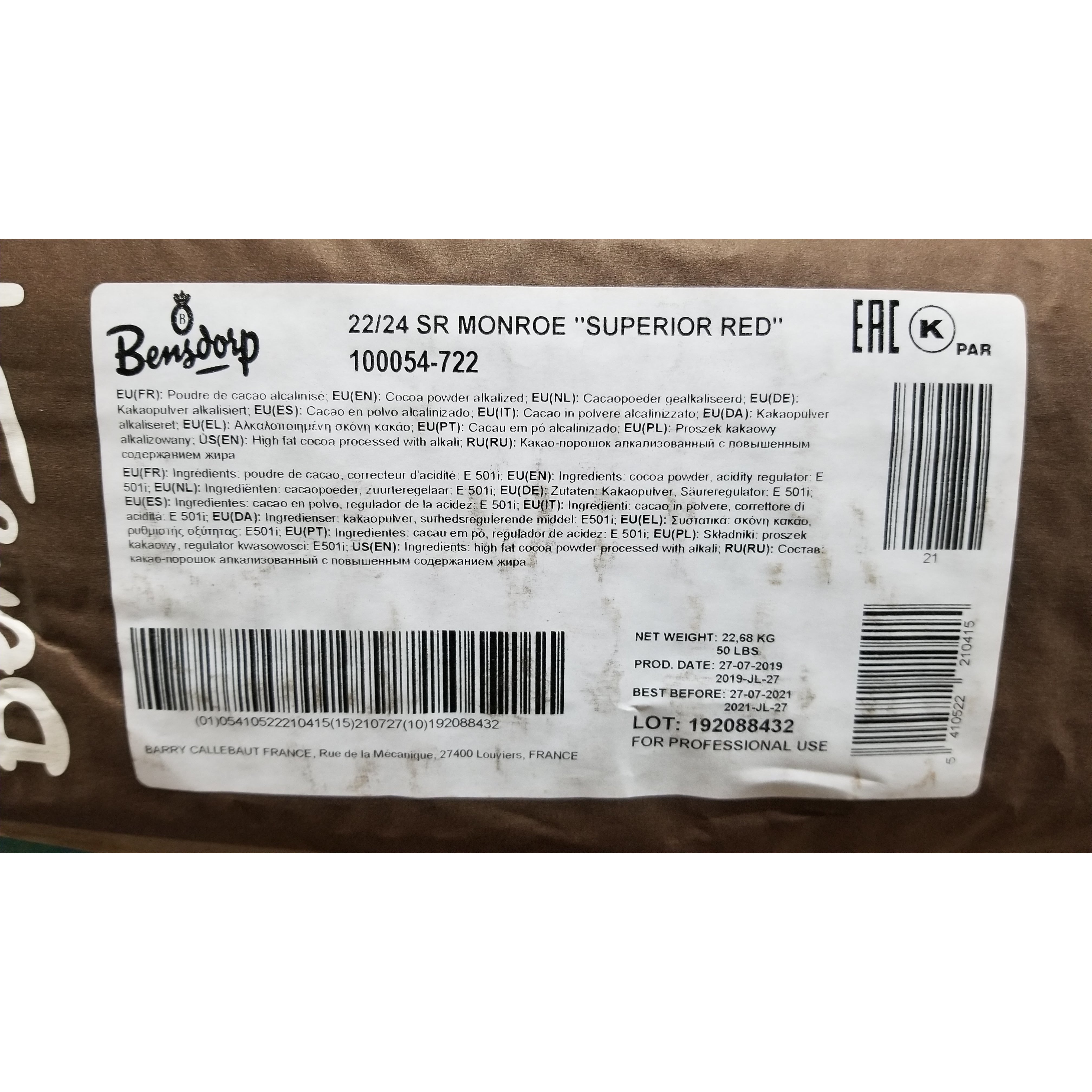 Bensdorp Cocoa Powder 22 / 24 SR 100% Cocoa - 50 lb ( Pickup Only) - Papagino Foods Inc.