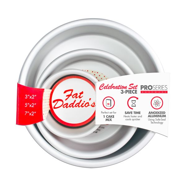 Fat Daddio, Anodized Aluminum, 3 Pieces Round Pan Set: 3", 5" and 7" x 2 in (PRD-1BOX) - Papagino Foods Inc.