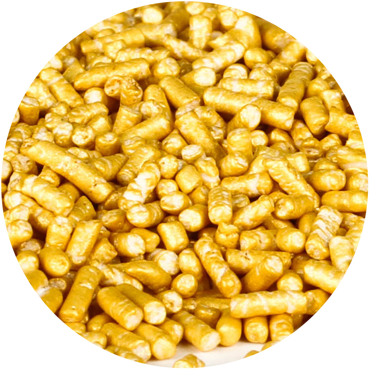 Shimmering Gold Jimmies, 3.2 oz.  Product #7500-785305 - Papagino Foods Inc.