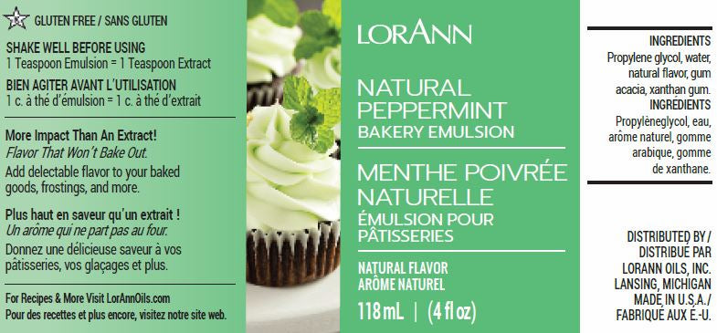 LorAnn Oils Peppermint, Bakery Emulsion - 4 OZ  #0766-0806 BBD July 2024 - Papagino Foods Inc.
