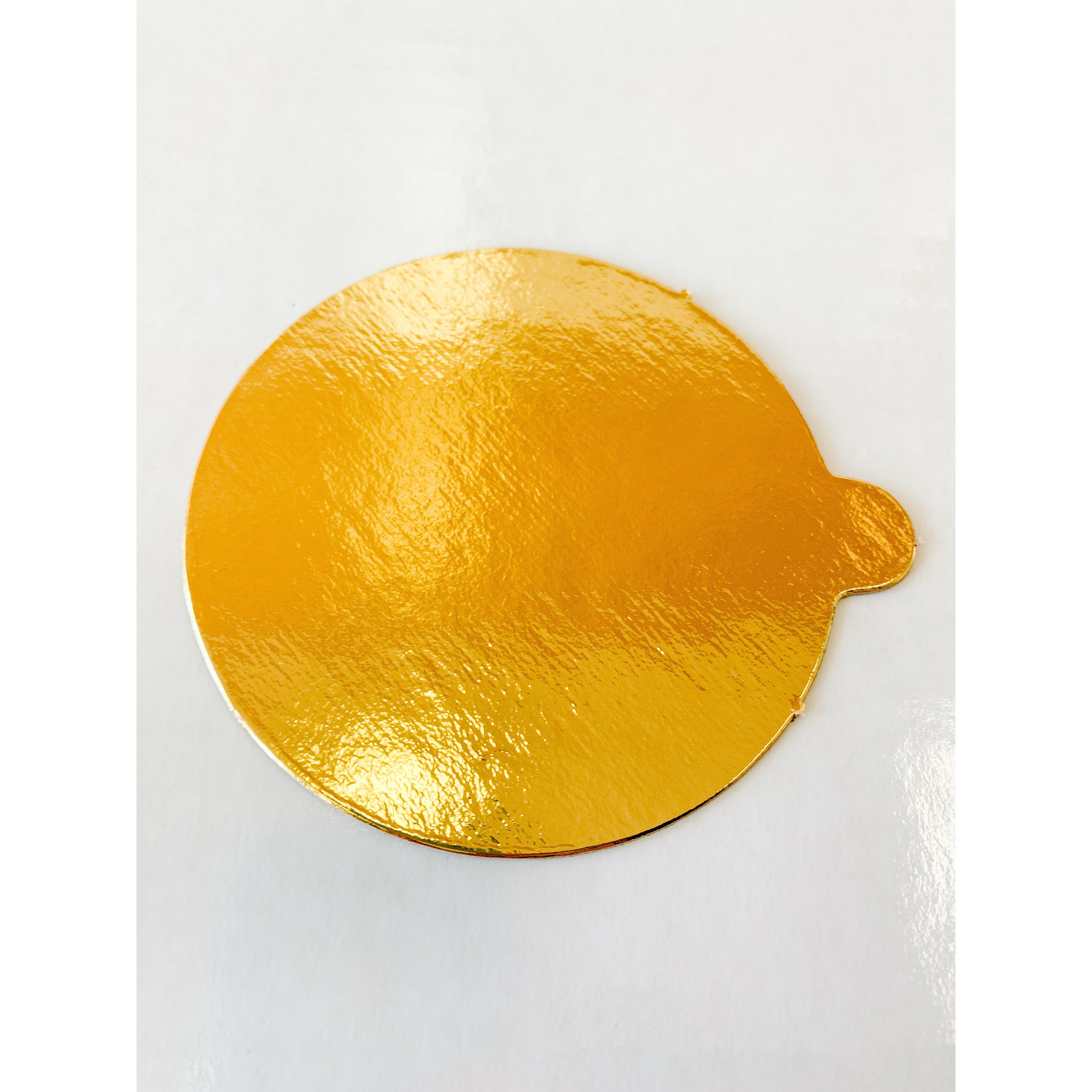 Single Serve Portion Mono Gold/Silver Pastry Boards with Tab 3 1/4 Round  .045  (500 Pieces) - Papagino Foods Inc.