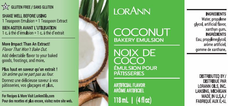 LorAnn Oils Coconut, Bakery Emulsion - 4 OZ  #0744-0806B - Papagino Foods Inc.
