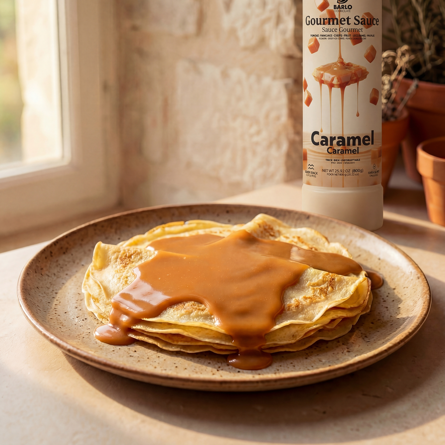 Barlo Caramel Gourmet Sauce by Papagino Foods Inc. in an 800g jar, showing rich caramel sauce with smooth texture.