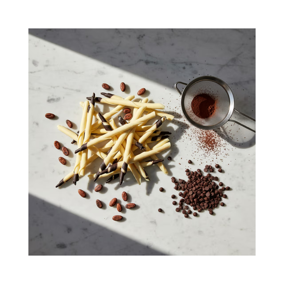 Papagino Foods Inc. Barlo Dark Chocolate Tipped White Pen candies, 600 grams, 4.53 inches, 140 pieces arranged in a container.