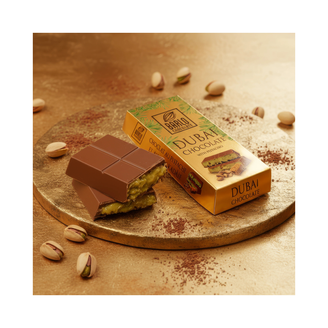 Barlo Dubai Chocolate with Pistachio bars by Papagino Foods Inc., 10 individually wrapped 100g chocolate bars with pistachio nuts