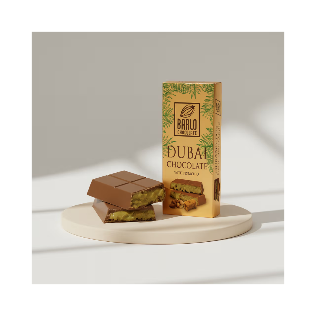 Barlo Dubai Chocolate with Pistachio, 10 bars of 100g each, from Papagino Foods Inc., showcasing the chocolate with pistachio toppings.