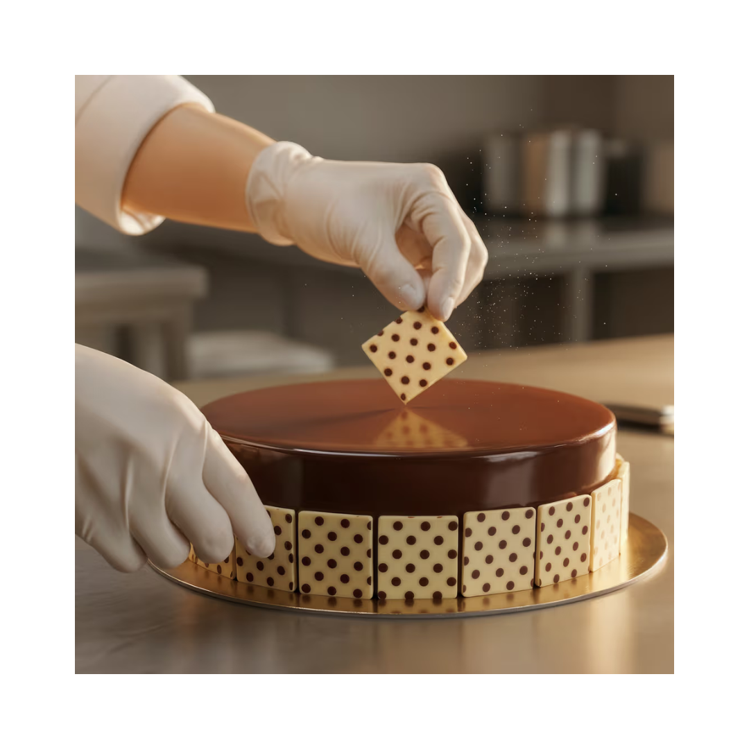 Papagino Foods Inc. Barlo Mootled Square chocolate candies in 1.2 kg box, 350 pieces, showing glossy square chocolates