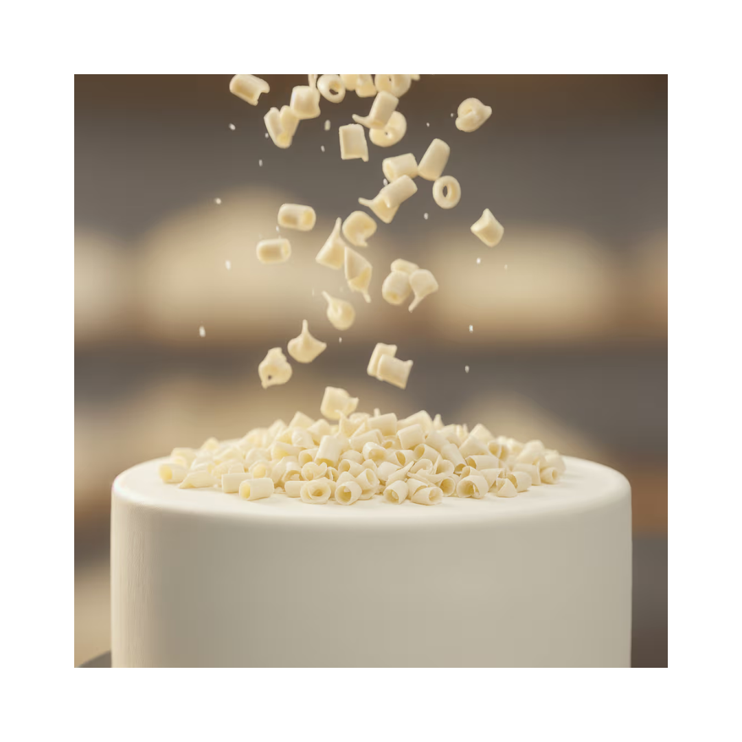 Barlo White Blossom Curls 1 Kg by Papagino Foods Inc., close-up of crispy, golden white blossom-shaped snack in a clear container.