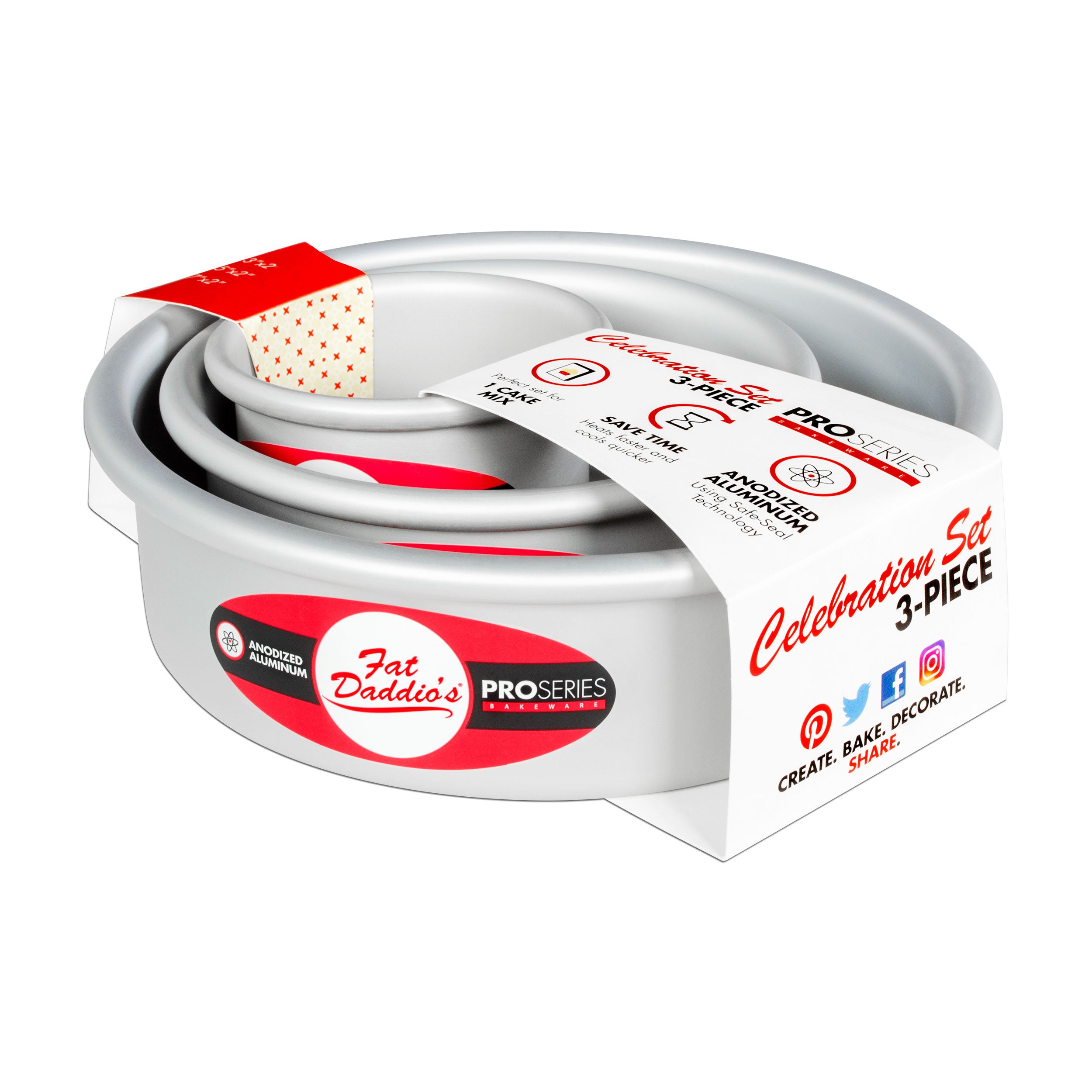Fat Daddio, Anodized Aluminum, 3 Pieces Round Pan Set:  3", 5" and 7" x 2 in (PRD-1BOX) - Papagino Foods Inc.