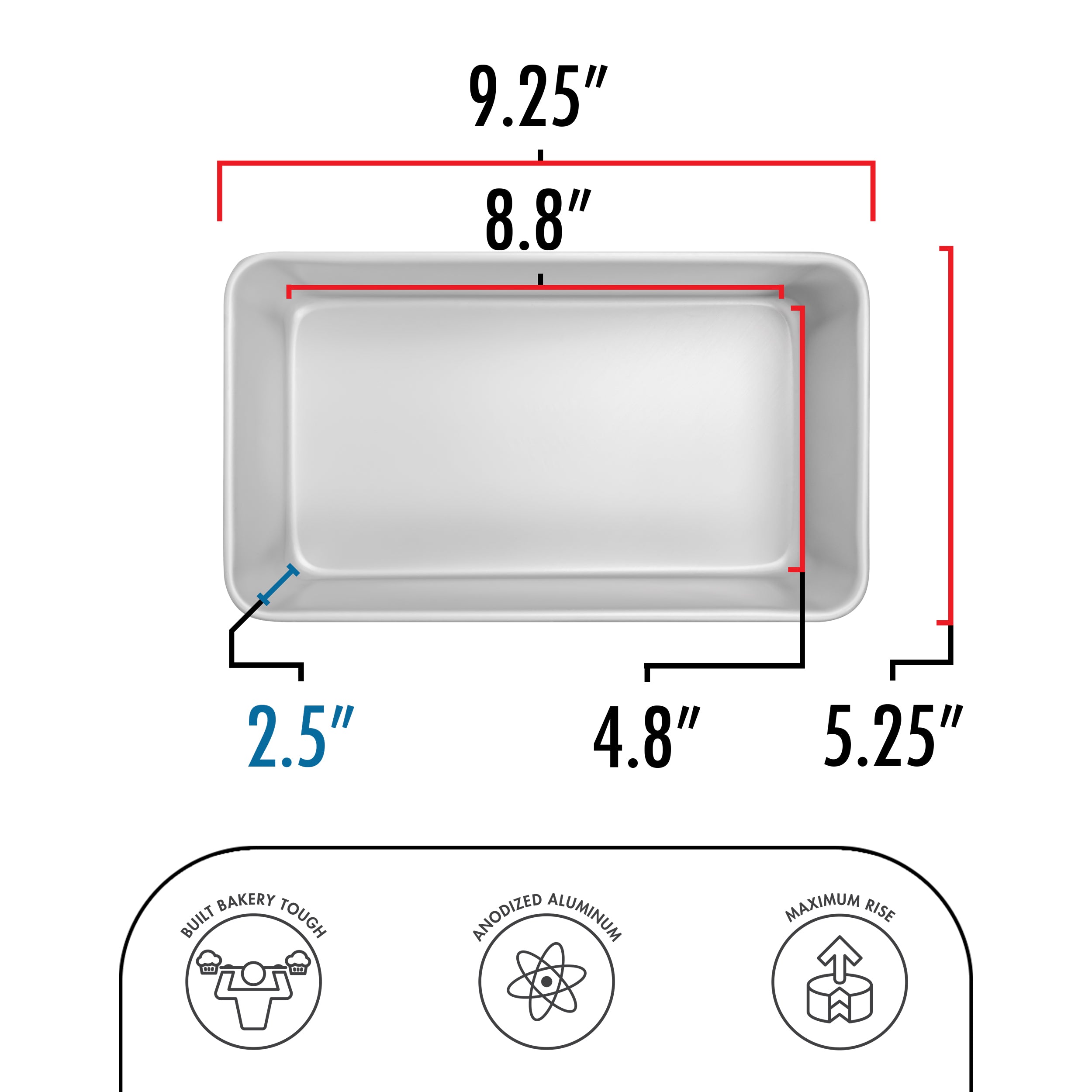 Fat Daddio Anodized Aluminum, Bread Pan Oblong, 9 in x 5 in x2 1/2 in (BP-5643) - Papagino Foods Inc.