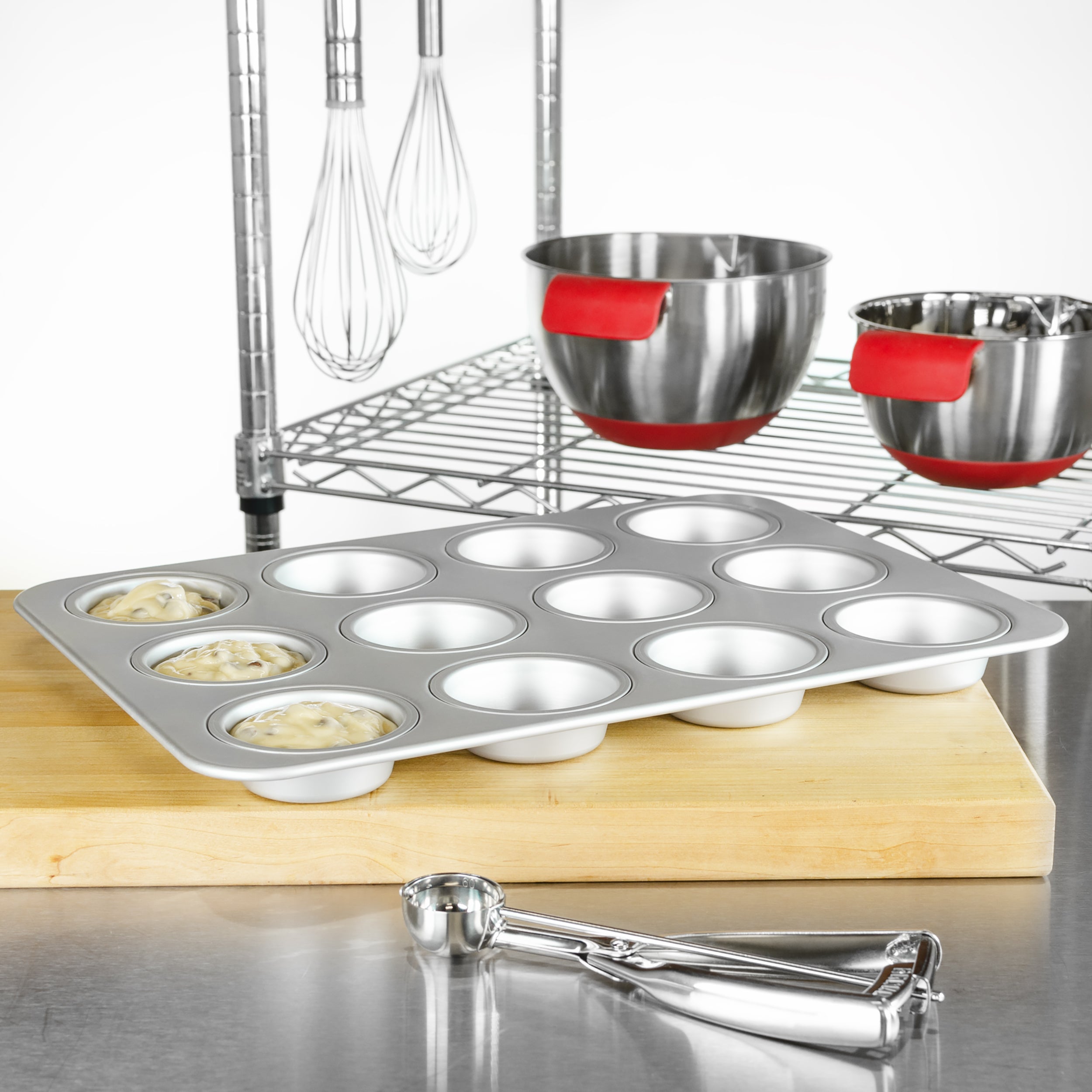 Fat Daddio, Anodized Aluminum, Muffin Pan, 12 Standard 2 7/8 in OD 2 in ID 1 1/4 in Deep (MFN-STD) - Papagino Foods Inc.