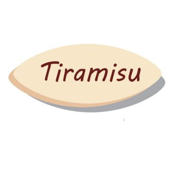 Oval white chocolate tiramisu decorations by Papagino Foods Inc., 240 pieces, 2-inch size, displayed in a close-up image.