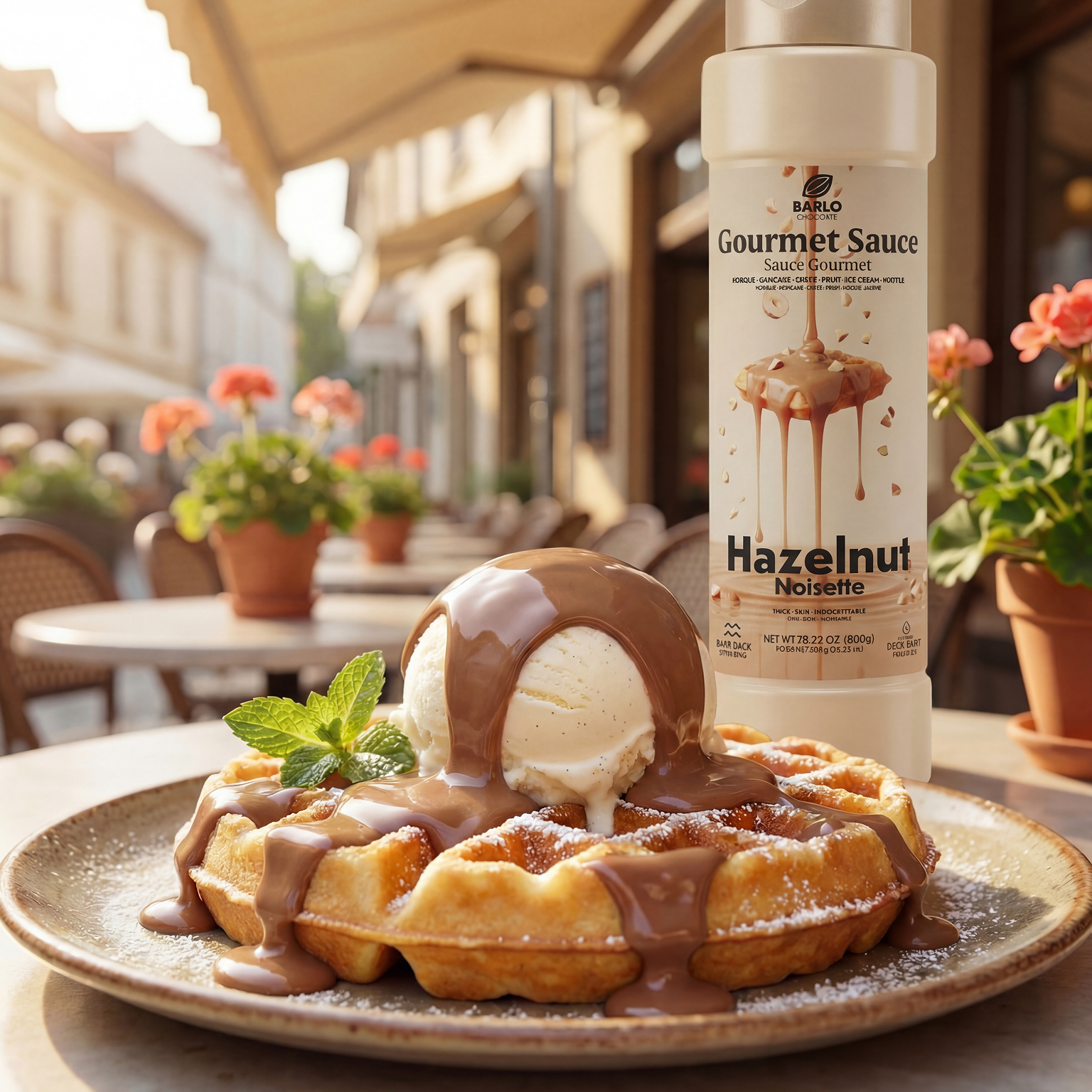 Barlo Hazelnut Gourmet Sauce by Papagino Foods Inc., 800g jar with smooth hazelnut spread texture and rich flavor.