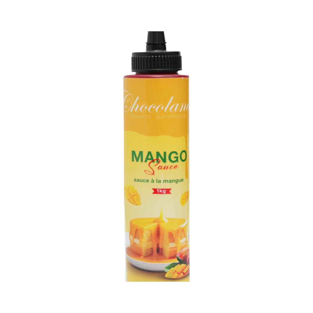 Papagino Foods Inc. mango sauce 1L bottle with vibrant mango graphics and label, ready for culinary use.