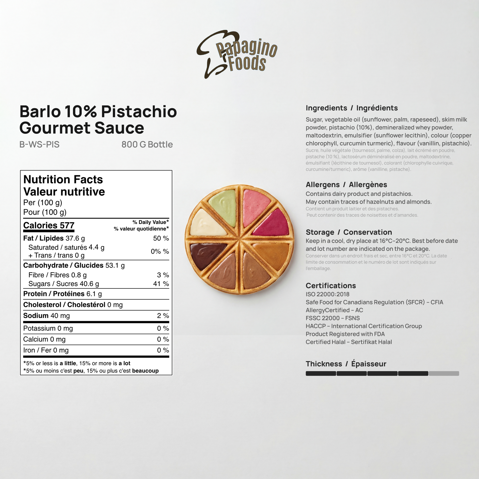 Barlo Pistachio Premium Gourmet Sauce 800 grams - Papagino Foods Inc. 