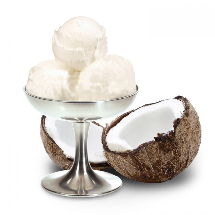 PreGel Coconut Sprint ice cream base by Papagino Foods Inc., showing a tub with coconut flavor and product label.