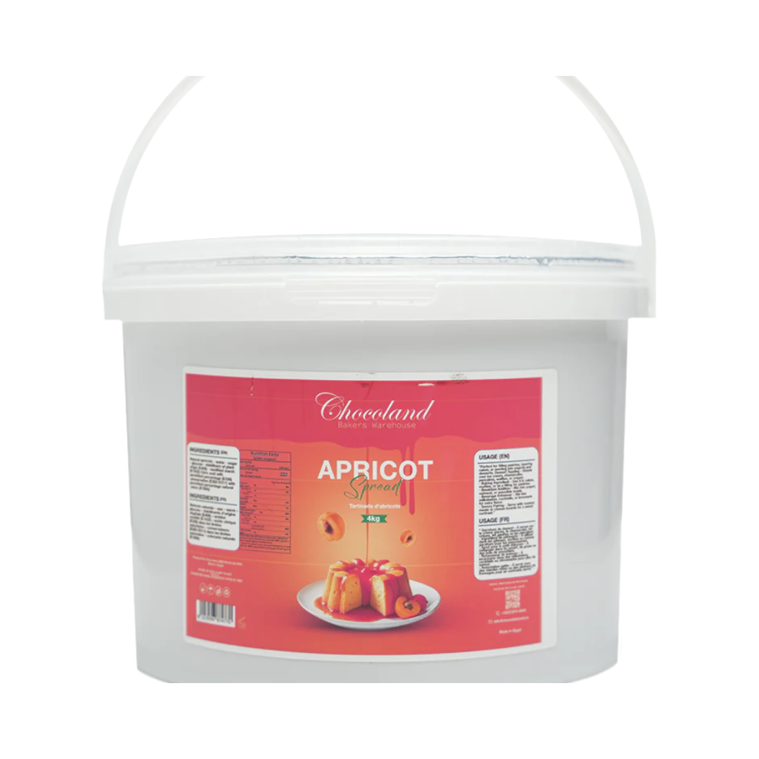 Apricot spread in a 4 kg container by Papagino Foods Inc., creamy orange-colored spread for spreading or baking.
