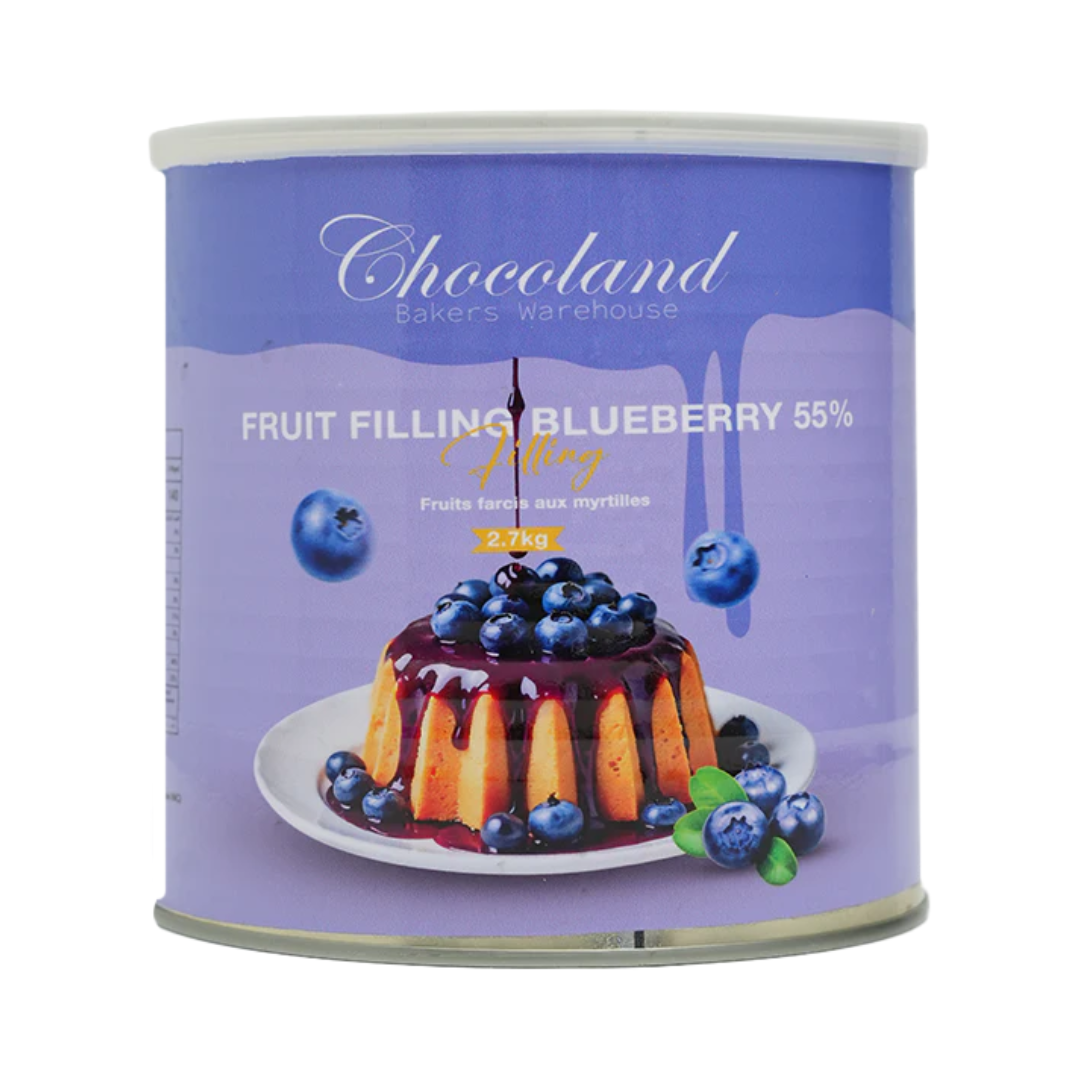 Blueberry fruit filling spread by Papagino Foods Inc., 55% fruit content, 2.7 kg jar, suitable for baking and desserts.
