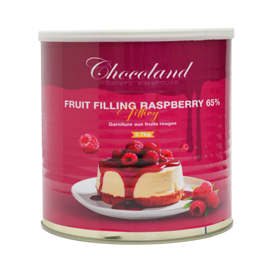 Raspberry fruit filling spread by Papagino Foods Inc., 2.7 kg jar, vibrant red raspberry pieces and smooth filling visible.