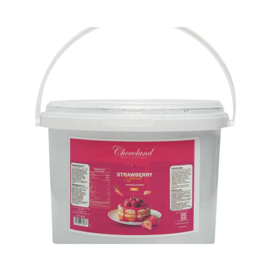 Papagino Foods Inc. strawberry spread in a 4 kg container, ideal for breakfast or baking, shown in a natural setting.