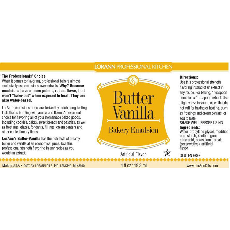 LorAnn Oils Butter Vanilla, Bakery Emulsion   - 4 OZ