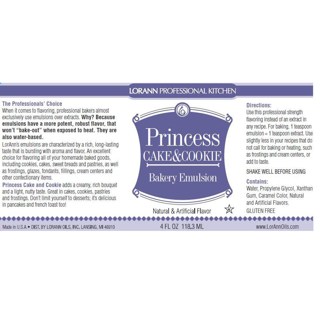 LorAnn Oils Princess Cake & Cookie, Bakery Emulsion - 4 OZ #0756-0806B *BBD Sep 2024* - Papagino Foods Inc.