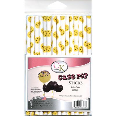 Smiley Face 6" Cake Pop Stick, package of 25