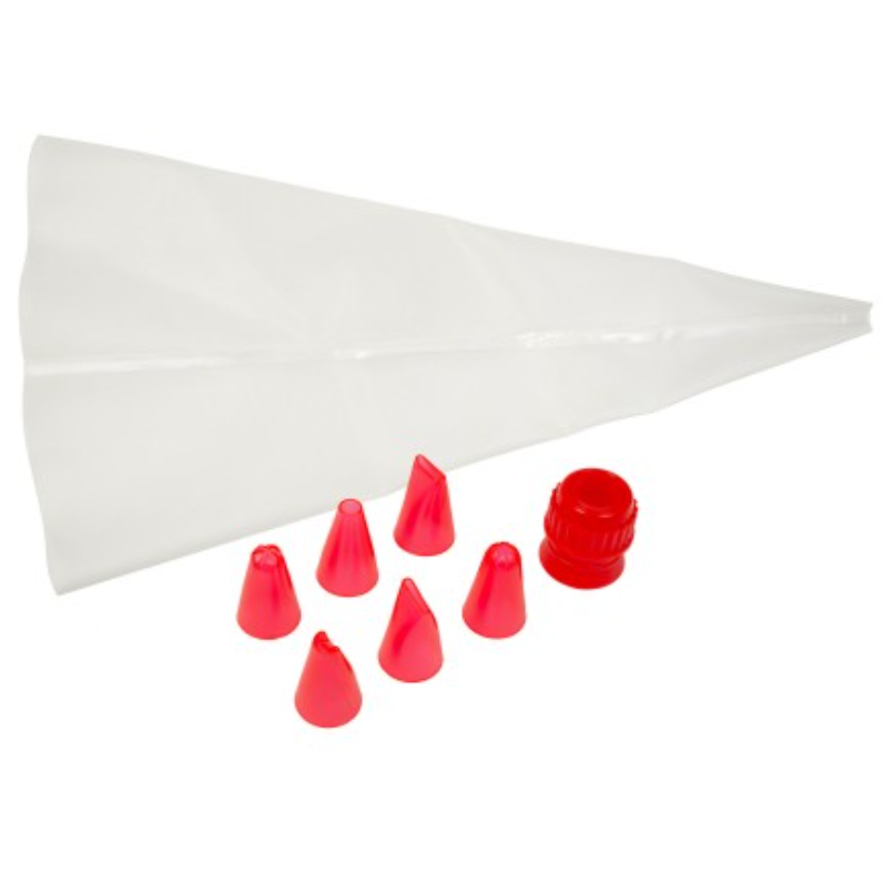 Decorating Tip Set, 8 pieces:  6 Tubes, Coupler, and Silicone Bag (#SPSET-008) Fat Daddio- Nozzle - Papagino Foods Inc.