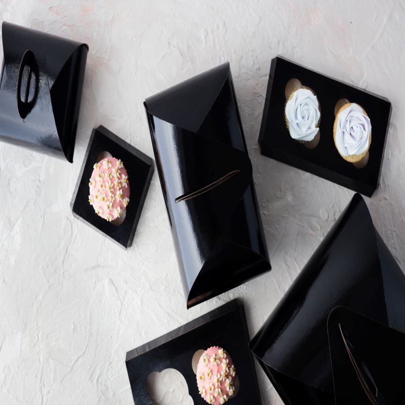 Black Tulip Cup Cake Boxes Quad 8" x 8" / 100 pack with matching cupcake insert - Papagino Foods Inc.