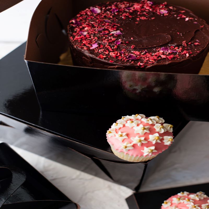 Black Film Laminated Cake Boxes  10" x 10" x 5" - Papagino Foods Inc.