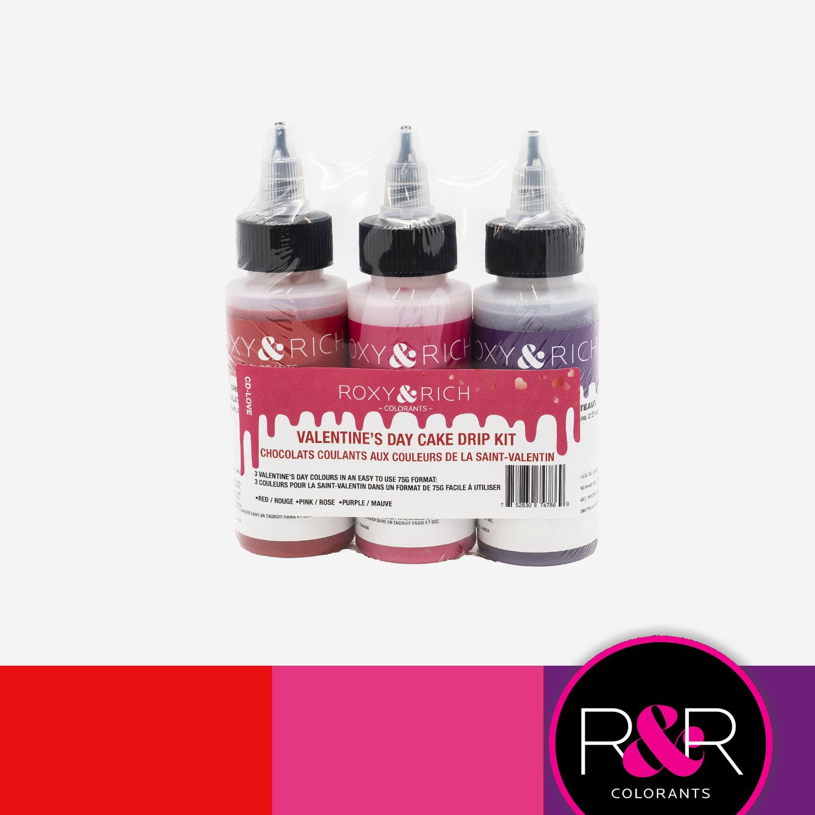 Roxy & Rich Valentine Mini Cake Drip Kit  (# CD-LOVE)  3 x 75 grams - Papagino Foods Inc.