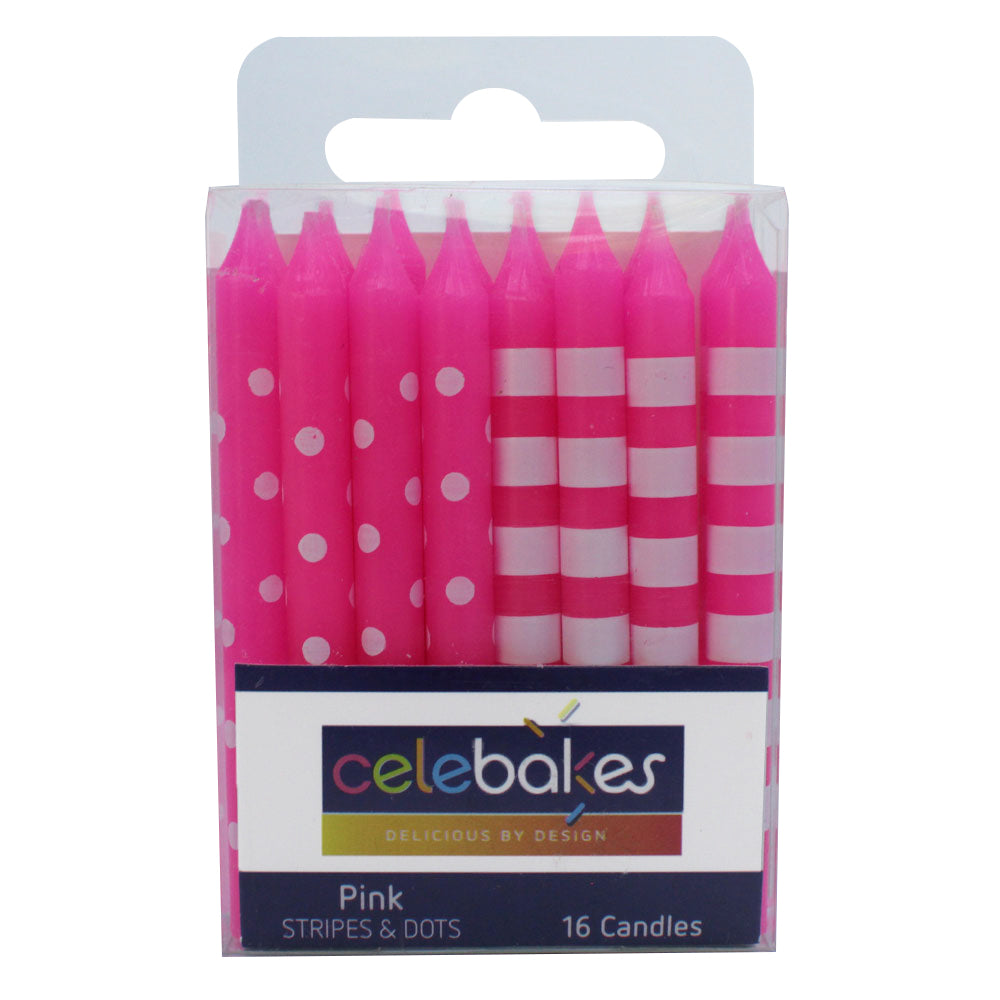 Celebakes Candle - Stripes/Dots Pink 16ct [7500-1016] - Papagino Foods Inc.